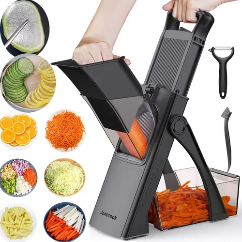 Jonscook Rebanador de mandolina todo en uno seguro para cocina, picador de alimentos con contenedor, cortador de verduras con grosor ajustable,