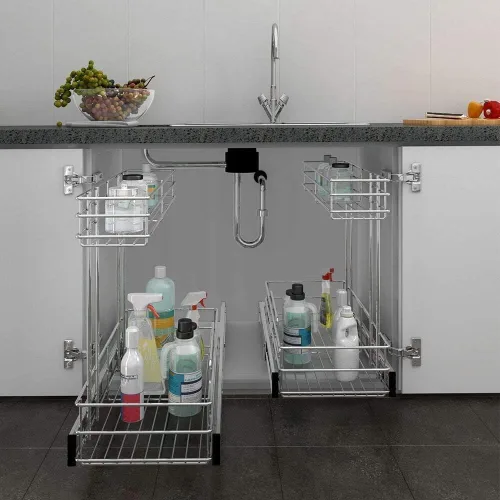 Miniatura 8 de Organizador de gabinete extraíble de 2 niveles para debajo del fregadero, cesta de estante de alambre deslizante para gabinetes de base de cocina, 9