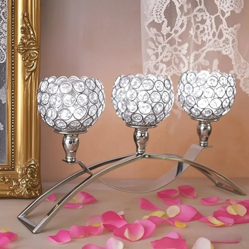 Miniatura 4 de Vidisan Candelabros plateados de 3 brazos, candelabros de cristal, centros de mesa de cristal para bodas, adornos de candelabro de gabinete de Plata