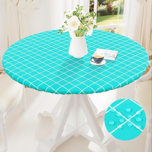 Miniatura 14 de Mantel redondo de vinilo de 36 a 44 pulgadas, mantel elástico impermeable con reverso de franela, mantel de plástico para picnic, campamento, al Café