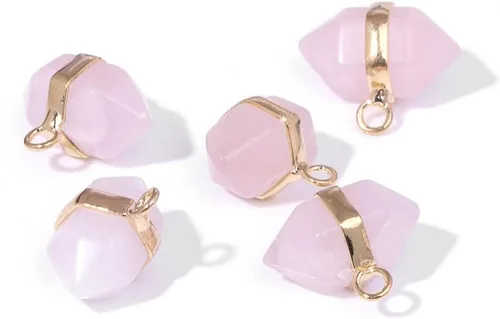 Colgante clásico de columna hexagonal corta de alambre de color dorado, dije de piedra natural, cuarzo rosa, ojo de tigre para hacer collares,