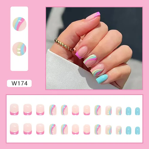 Miniatura 2 de Uñas postizas a presión de longitud corta, 24 piezas de cobertura completa, reutilizables, brillantes, uñas postizas con pegamento, uñas postizas