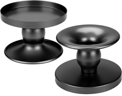 Miniatura 8 de Portavelas de mesa dorados, juego de 2, soporte reversible de metal para velas de pilar y velas cónicas, elegante bandeja para velas de mesa