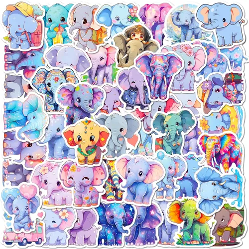 Paquete de 50 calcomanías de elefantes, calcomanías de animales lindos para adultos, calcomanías Kawaii para botellas de agua, laptop, equipaje,
