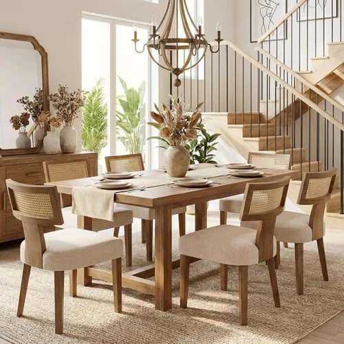 HNY Juego de 6 sillas de comedor de ratán de estilo de mediados de siglo, silla de acento tapizada en lino de estilo granja con respaldo curvo para