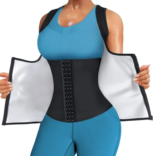 LANCS Traje de sauna para mujer, entrenador de cintura para sudar, chaleco con cremallera, moldeador de cuerpo, corsé adelgazante, camiseta sin Negro