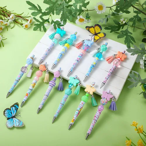 Miniatura 2 de Teling 12 juegos de bolígrafos con cuentas de flores de mariposa, bolígrafo de tinta negra con cuentas focales de silicona, cuentas espaciadoras