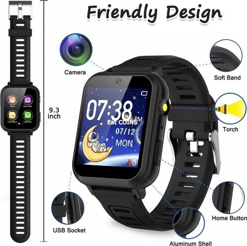 Miniatura 4 de Reloj inteligente para niños, reloj inteligente con 39 juegos, pantalla táctil HD, cámara de video, reproductor de música, podómetro, linterna