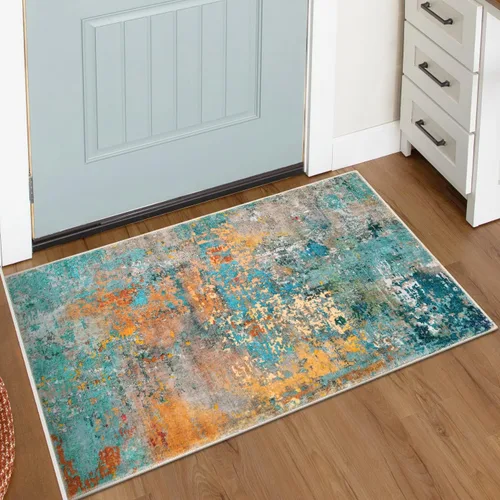 Miniatura 76 de Lahome Alfombra redonda moderna abstracta de 3 pies, color azul, lavable, de 3 x 3 pies, para cocina, entrada, suave, pequeña, antideslizante