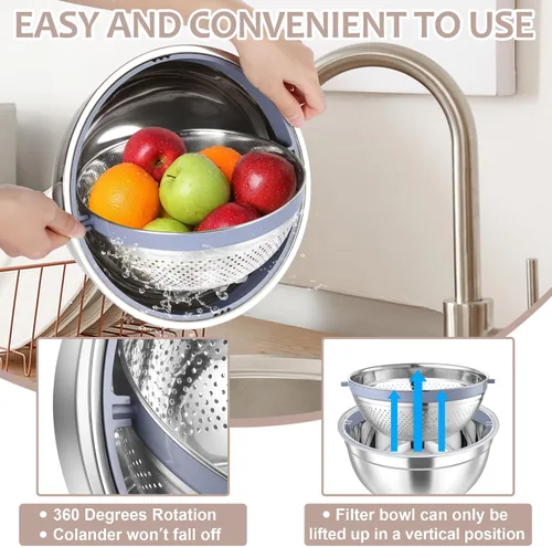 Miniatura 3 de E-far Colador con Juego de Tazón Mezclador, Coladores de Acero Inoxidable 4 en 1 con Ralladores para Cocina, Tazón Colador de Alimentos Giratorio