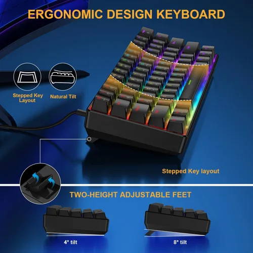 Miniatura 4 de BlueFinger Combo de teclado y mouse mecánicos para juegos 60% – Teclado RGB con retroiluminación arcoíris de 61 teclas con interruptor rojo y 4 DPI