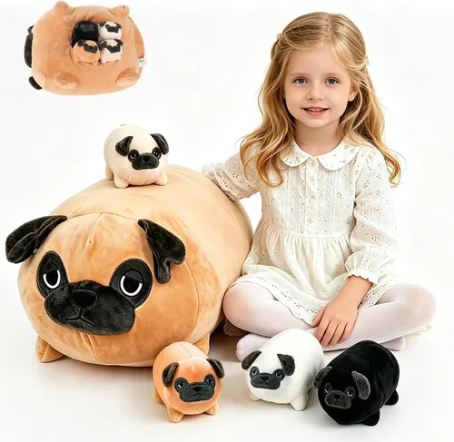 MMguai Peluche Suave de Bulldog Lindo Bulldog Francés Animales de Peluche con 4 Peluches de Cachorro Bebé en su Barriga, Almohada Blanda Grande de