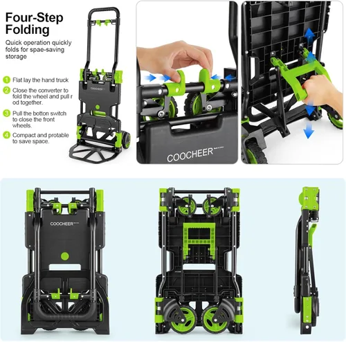 Miniatura 4 de Carretilla de mano plegable de 330 libras para trabajo pesado, combinación de cuatro ruedas y dos ruedas, carrito convertible con mango retráctil