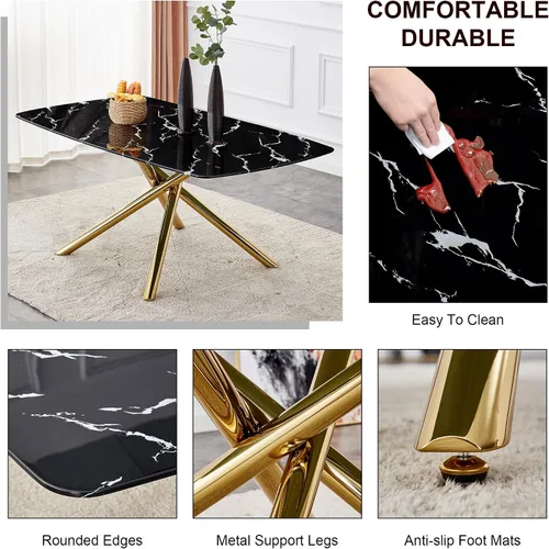 Miniatura 3 de Juego de mesa de comedor moderna para mesa de comedor negra de 4,63 pulgadas, juego de 4 con patas de metal dorado, mesa de cocina rectangular