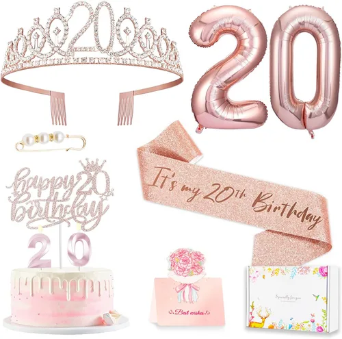 Decoraciones de cumpleaños número 20 para mujer, banda y corona de cumpleaños, decoración de pastel y velas, globos de números, regalos de 20