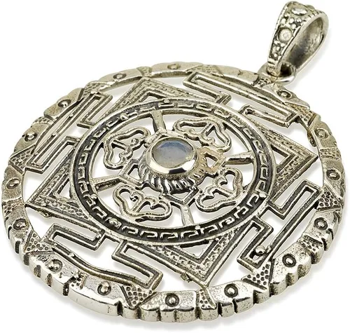 Miniatura 2 de Colgante de mandala tibetano de piedra lunar de plata de ley tamaño 1.3", Metal, Adularia
