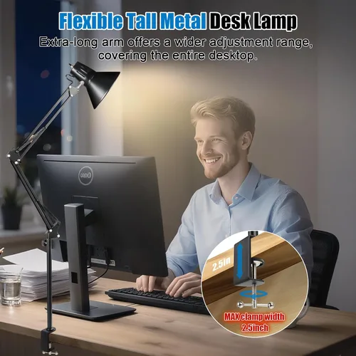 Miniatura 4 de Lámpara de escritorio con abrazadera LED, lámpara de escritorio con brazo oscilante ajustable de 360°, luz de abrazadera con bombilla LED que cuida