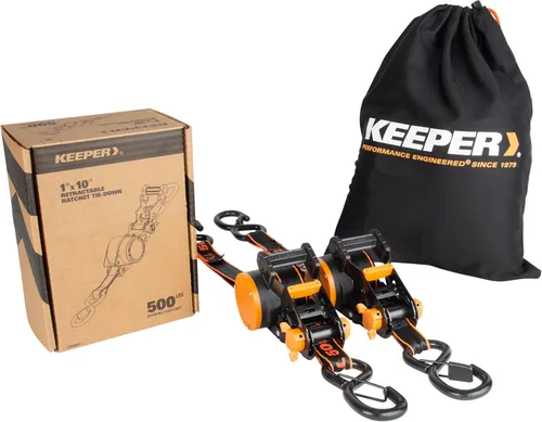 Keeper Paquete de 2 Correas de Amarre de Trinquete Retráctiles – 1" x 10' Auto-Retráctiles para Motocicletas, ATVs, UTVs, Mudanzas y Cargas de