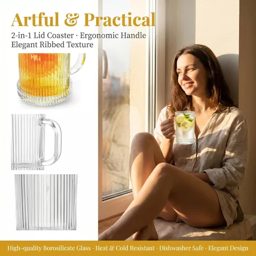 Miniatura 4 de Noamus Paquete de 4 tazas de café de vidrio con tapa y cuchara, taza de té de rayas verticales acanaladas de 13 onzas, juego de cristalería clásica