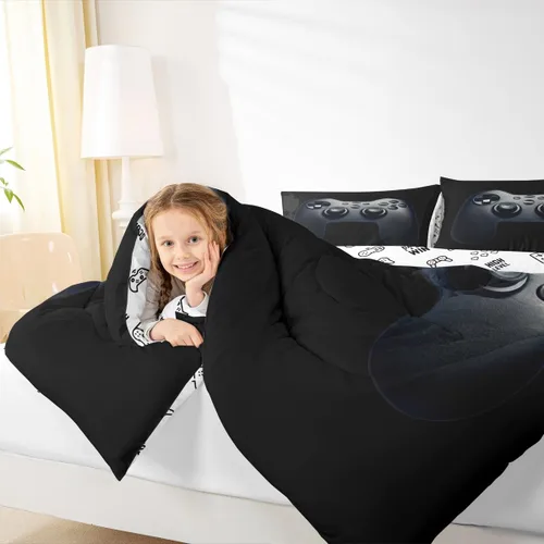 Miniatura 7 de Feelyou Juego de edredón negro para adolescentes y niños, juego de ropa de cama con estampado de consola de videojuegos de 2 piezas, 1 edredón con 1