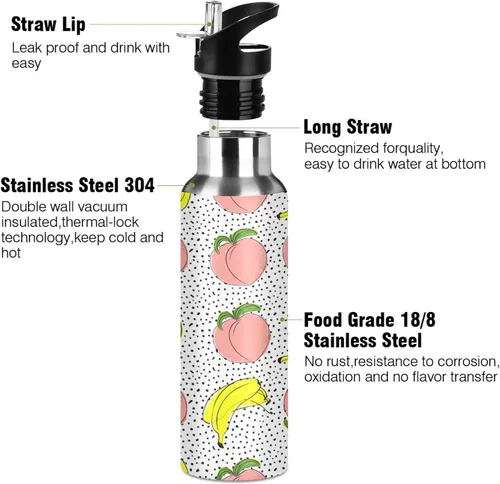 Miniatura 3 de Peaches Bananas Polka Dot Insulated Stainless Steel Water Bottle with Straw 20 Oz, BPA-Free Sports Water Bottle Leakproof Water Bottles