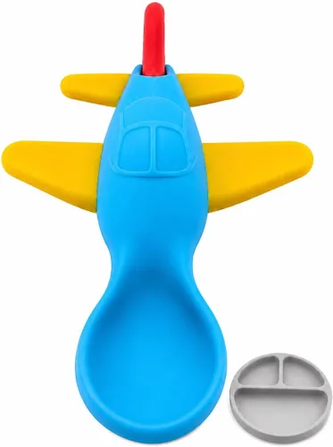 Cuchara para bebé, juego de cuchara de alimentación de silicona para avión + placa de succión | Sin BPA, antideslizante, punta suave para primeros