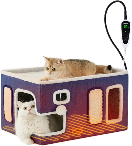 Miniatura 18 de ZOMISIA Casa térmica para gatos de interior – Cama grande de calentamiento para gatos para invierno con bola esponjosa colgante y almohadilla
