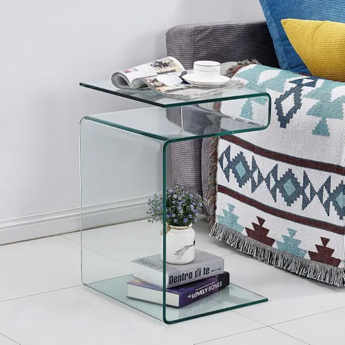 Miniatura 4 de Mesita de noche de cristal, mesas auxiliares transparentes en forma de S para sala de estar, mesa de vidrio doblada para sofá, 16.55 pulgadas