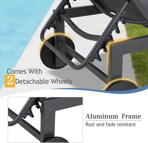 Miniatura 4 de QAQA - 2 tumbonas para exteriores con ruedas, silla de aluminio para patio con 5 posiciones ajustables para piscina, playa, patio, gris oscuro