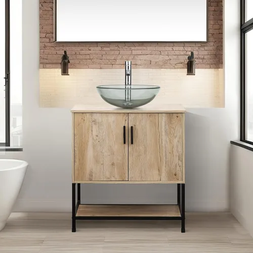 UEV Mueble de baño de roble rústico de 30 pulgadas con lavabo, juego de gabinete de baño con marco de hierro industrial con puertas y estante, con