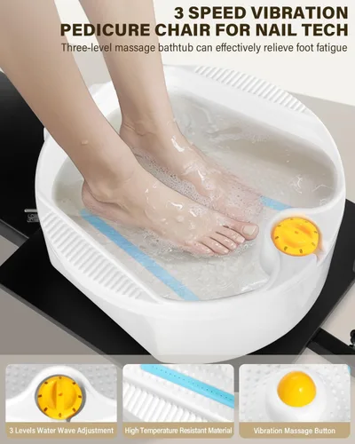 Miniatura 7 de Silla de Pedicura Sin Plomería para Técnica de Uñas, con Reposapiés Ajustable y Tina de Masaje, Taburete de Pedicura con Ruedas, Estación