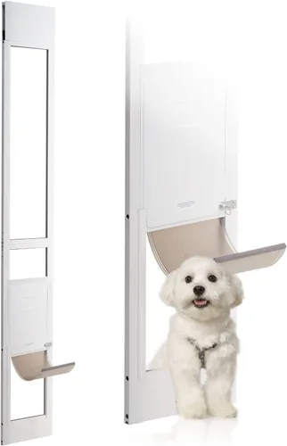 VEVOR Puerta para perro para puerta corrediza de vidrio, 75 7/8 "-80 11/16 pulgadas de altura ajustable para puertas correderas, marco de aluminio