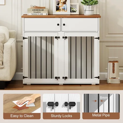 Miniatura 5 de Mueble de jaula para perros grande, perrera de interior de 41 pulgadas con divisor removible y puertas dobles, jaulas de madera para perros para 2