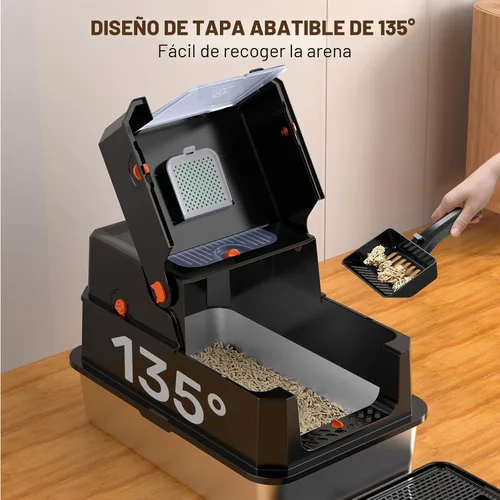 Miniatura 3 de Caja de arena de acero inoxidable con tapa, caja de arena metálica cerrada anti-fugas, bandeja de arena para gatos extra grande con tapa abatible