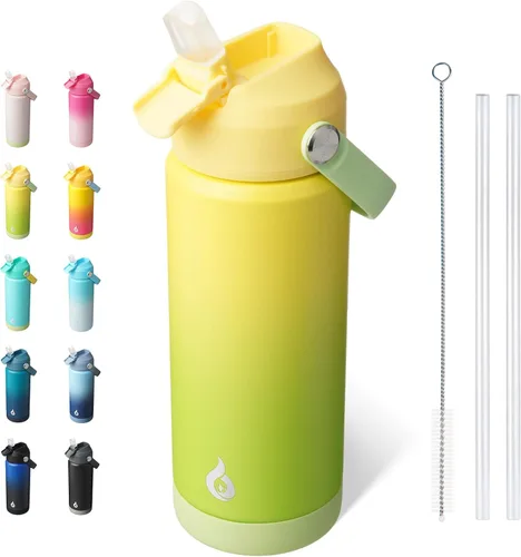 Miniatura 18 de BJPKPK - Botella de agua aislada con tapa de popote, 532 ml Botellas termo con boquilla suave, asa flexible y base antideslizante, libre de BPA, a