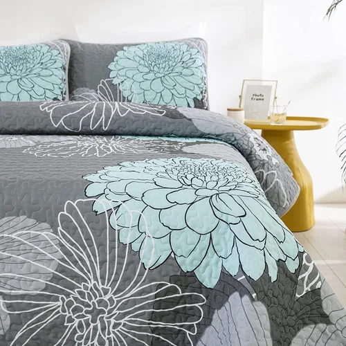 Miniatura 2 de Yiran Juego de edredón floral gris aguamarina, tamaño Queen, colchas botánicas de verano, juego de ropa de cama de 3 piezas, colcha ligera