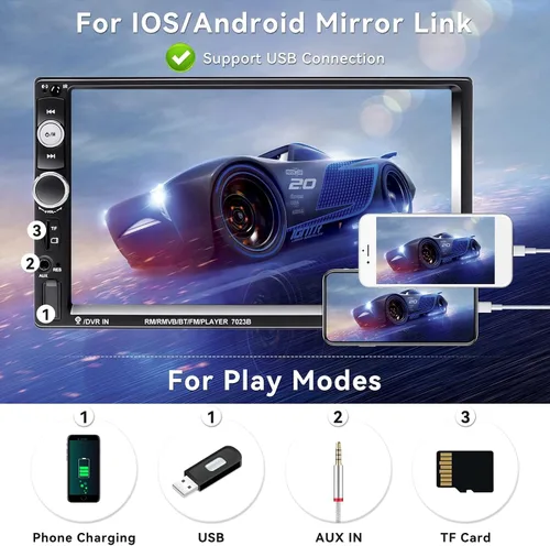 Miniatura 3 de CAMECHO Estéreo de automóvil de 7" con doble DIN, audio Bluetooth, reproductor MP5, USB, FM, radio multimedia+ cámara de respaldo mini de 4 LED