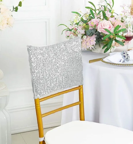 Miniatura 10 de Chiavari - 5 fundas para sillas Chiavari, con lentejuelas, elastano, elásticas, para bodas, fiestas, banquetes, eventos, color marfil
