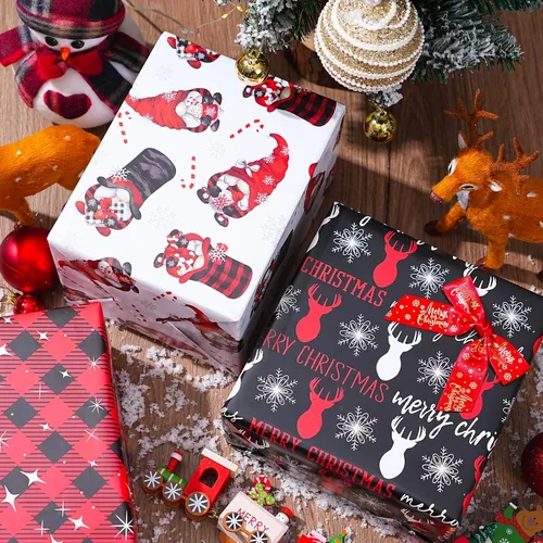 Miniatura 5 de ZINTBIAL Papel de regalo de Navidad para niños y adultos, papel de regalo de Navidad con cuadros rojos/negros, renos, gnomos, palabras "Ho Ho", 28 x