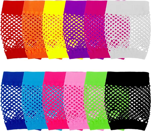 TecUnite 12 pares de guantes de neón de red sin dedos para mujer, accesorios de malla corta de los años 80 y 90 - colores surtidos para fiesta de