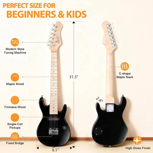 Miniatura 6 de ZENY Guitarra eléctrica para niños de 30 pulgadas con amplificador de 5 W, bolso de concierto, correa, cable, cuerdas y púas, kit de accesorios Negro