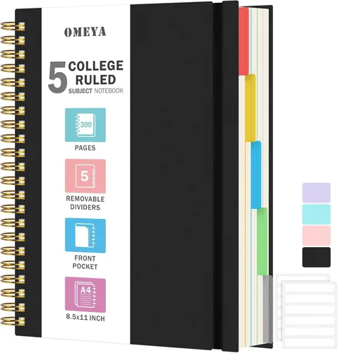 Cuaderno de Espiral 8.5" x 11", Cuadernos de 5 Materias con Rayas Universitarias con Divisores Removibles, 300 Páginas 100GSM Diario de Escritura en