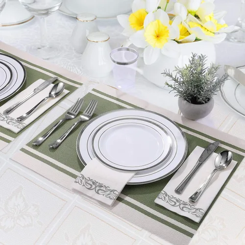 Miniatura 4 de FOCUSLINE Juego de vajilla plateada de 175 unidades para 25 invitados, platos de plástico desechables con borde plateado resistente, incluye 25