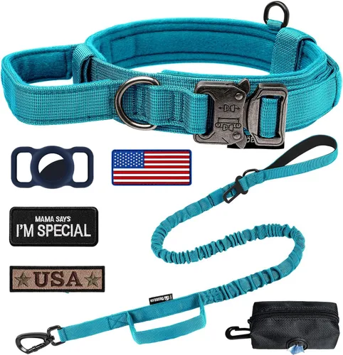 Miniatura 14 de Juego de collar y correa táctica para perro: collar de perro de nailon ajustable con asa que absorbe los golpes, correa retráctil fuerte para perros