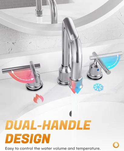 Miniatura 5 de WOWOW - Grifo de baño de diseño estándar de 8 pulgadas, 3 piezas para lavabo, llave mezcladora giratoria en 360 grados, acabado cromado, moderno