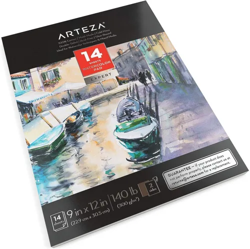 Miniatura 2 de ARTEZA Papel de acuarela, 14 hojas, almohadilla de acuarela de 9 x 12 pulgadas, 140 libras/10.58 oz/m², 100% algodón, doble cara, prensa en frío