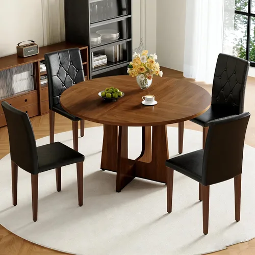 Miniatura 15 de Juego de mesa de comedor redonda de 47 pulgadas para 4, mesa de grano de madera de nogal y 4 sillas tapizadas de piel sintética negra, juego de mesa