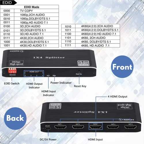 Miniatura 4 de Divisor HDMI 1x4, 4K 60Hz 1 en 4 salidas HDMI Splitter Audio Video Distribuidor Caja Soporte Full Ultra HD, 3D, HDR, Compatible con HDTV, Blu-Ray