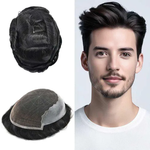 Miniatura 51 de Mens Toupee Natural Hairline Swiss Lace Toupee Remy Human Hair Piece For Men Bleached Knots Mens Hair Replacement System Toupee 6X8#1 Jet Black 100%