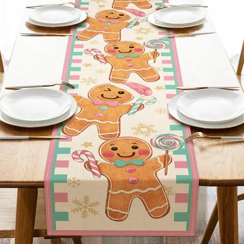 Miniatura 7 de Seliem Juego de 4 manteles individuales de hombre de jengibre con texto en inglés "Merry Christmas" con diseño de muñeco de jengibre, color rosa